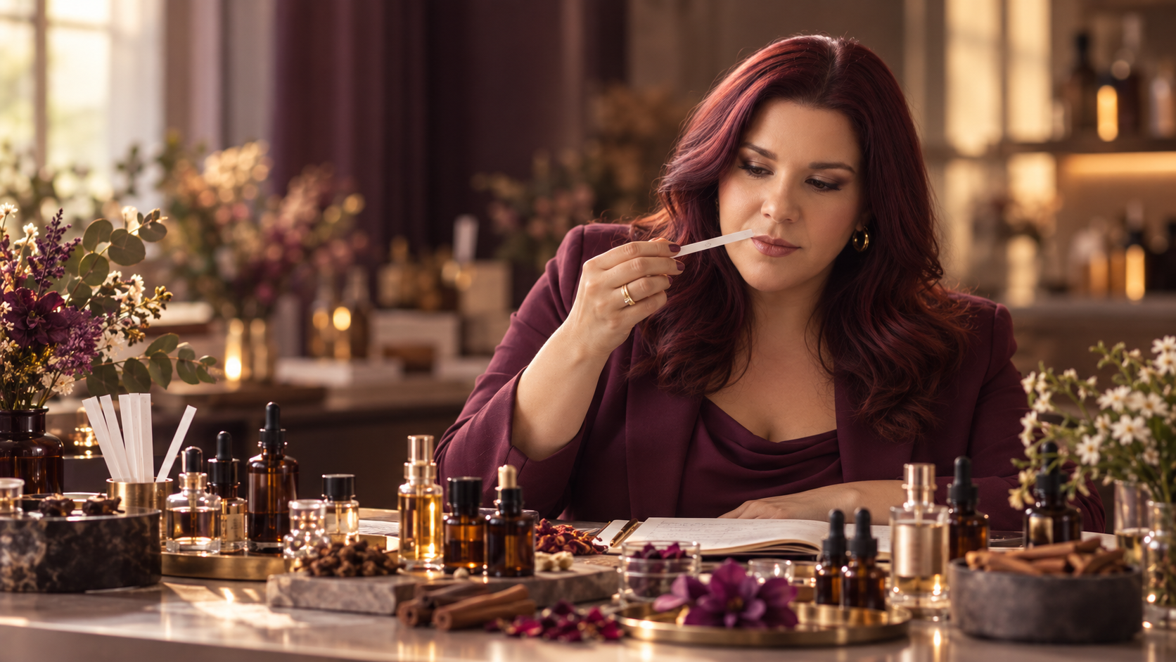 Wanessa Pires experimentando aromas em uma bancada de perfumaria