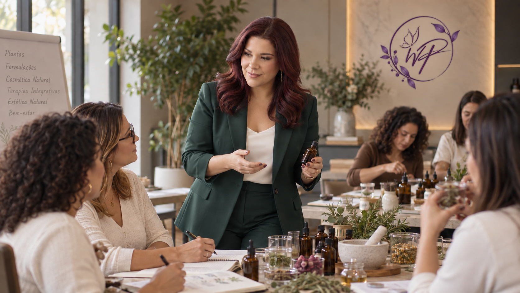 Wanessa Pires ensinando em uma aula prática com plantas, formulações e cosmética natural